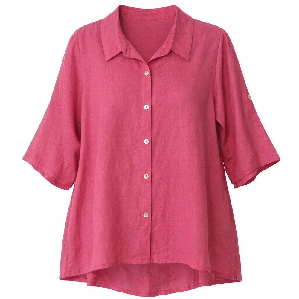 Toofan Linen Button Down Shirt Hi-Low Hem Button-Back 3/4 Sleeve Pink‎ Womens 1X